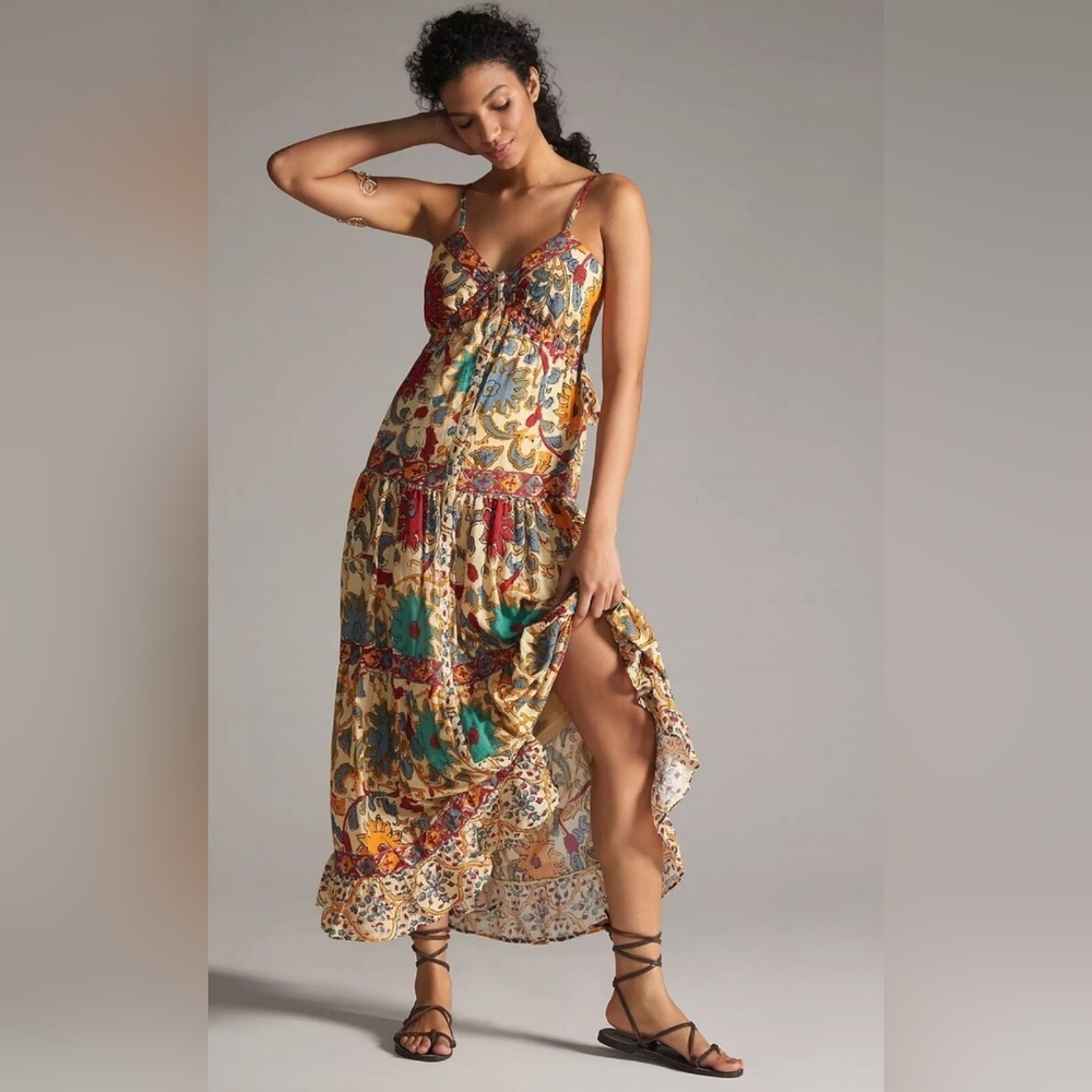 Anthropologie Love The Label Floral Border Print Maxi Dress
